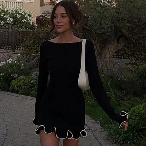 Herfst Winter Elegante Feestjurk Lange Mouwen A-Lijn Gebreide Eenvoudige Stijl Spaghettiband Natuurlijke Taille Casual Heup Rok